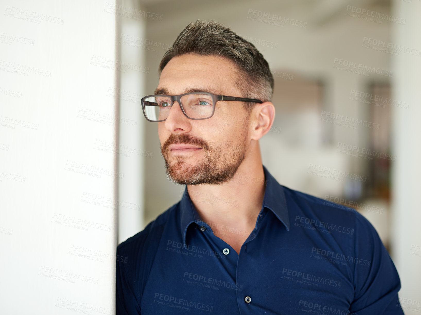 Buy stock photo Thinking, planning and businessman in workplace for inspiration, idea or future goals. Professional, thoughtful and male person for decision, opportunity or contemplating company growth in office