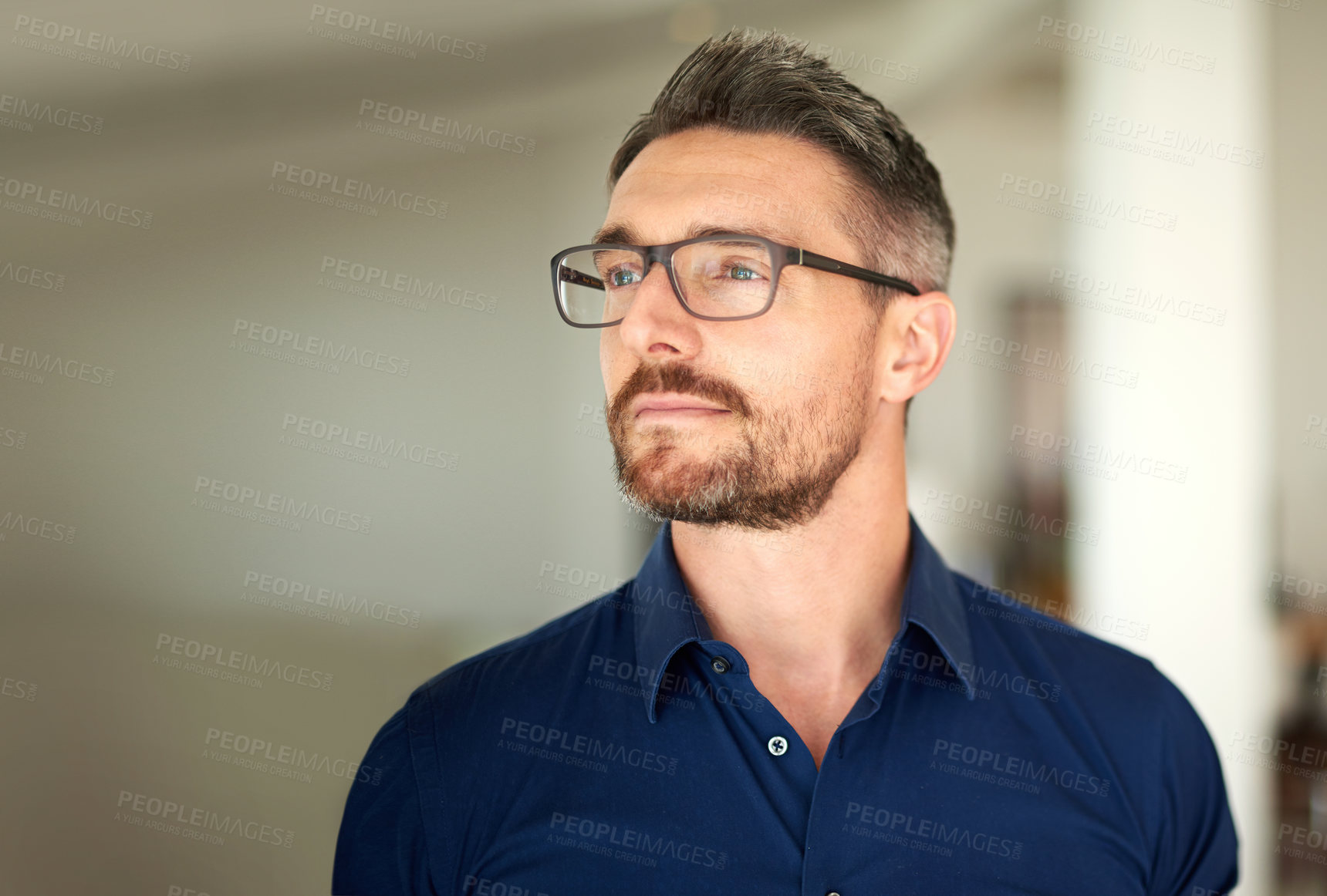 Buy stock photo Thinking, planning and business man in workplace for inspiration, idea or future goals. Professional, thoughtful and male person for decision, opportunity or contemplating company growth in office