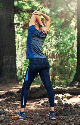 Buy stock photo Stretch, arms and woman in forest for run on trail in nature for fitness, summer and training for sport. Warm up, active and sportswear for hike with wellness, health or cardio in Spain with trees