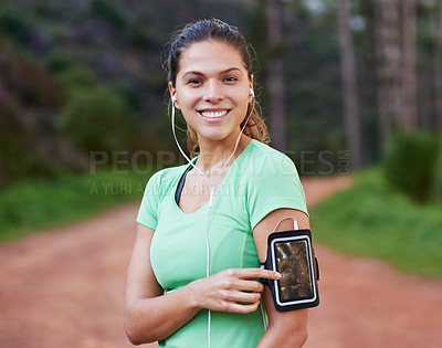 Buy stock photo Woman, portrait and training with music for running, exercise or workout for healthy body. Athlete, wellness and happy listening in headphones, radio or podcast for cardio fitness for marathon
