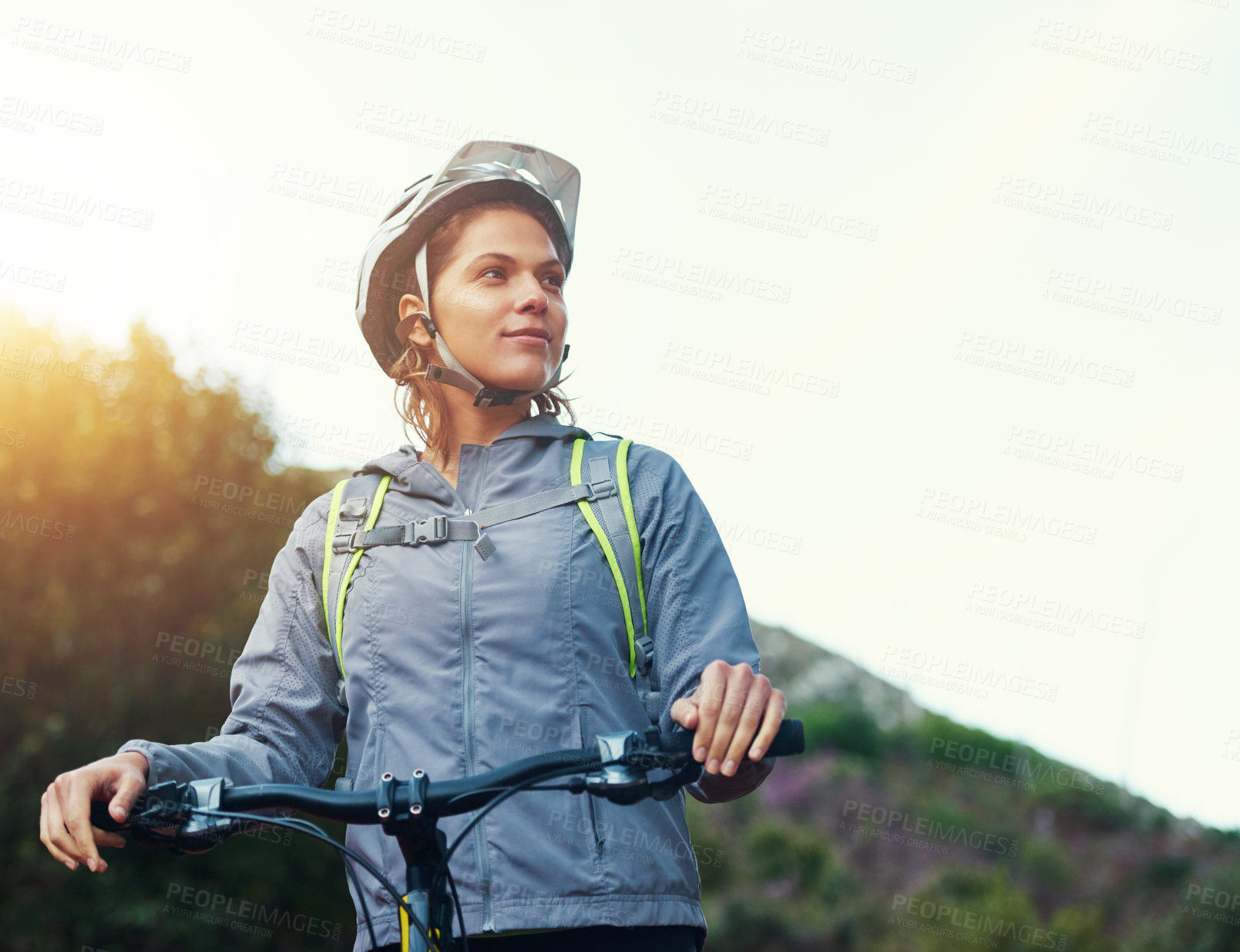 Buy stock photo Thinking, woman and mountain bike for adventure, fitness and cycling sports for journey in outdoors. Person, athlete and bicycle for exercise in nature, sky mockup space and training for competition