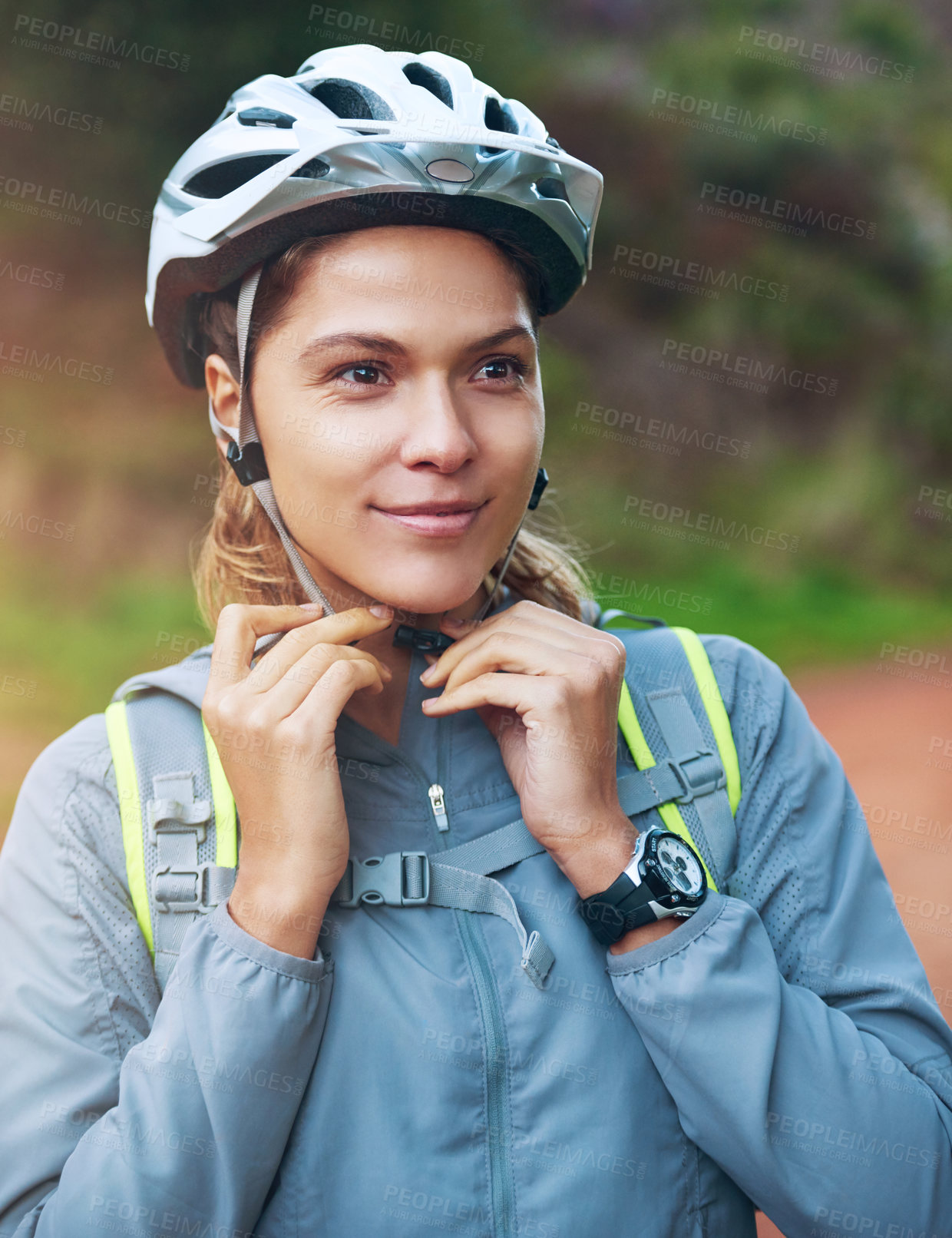 Buy stock photo Helmet, woman and mountain bike for outdoor, fitness and cycling sports or adventure on path. Athlete, cyclist and bicycle for exercise in nature, workout and training for off road competition hobby