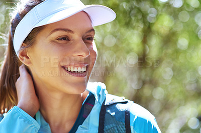 Buy stock photo Happy, thinking and woman hiking in nature on outdoor adventure to explore on holiday vacation. Sightseeing, break and hiker trekking in woods for training, wellness or travel journey for fitness