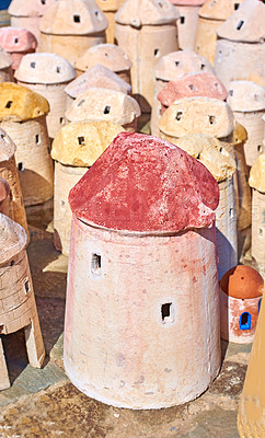 Buy stock photo Clay windmills figures of traditional old time windmills in Bodrum area, Turkey