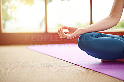 Buy stock photo Hands, yoga or woman in home for meditation, wellness or body posture with lotus pose or peace. Relax, zen or closeup of calm girl on mat for mindfulness, mental health or balance in pilates session