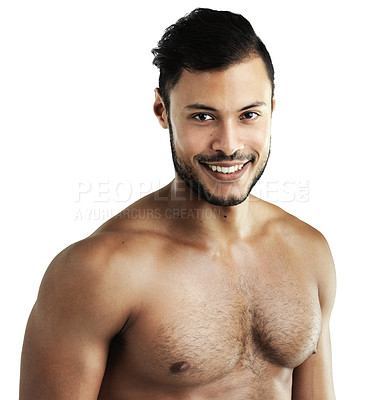 Buy stock photo Portrait, man and shirtless for fitness in studio with strong body, muscles and healthy athlete for wellbeing. Confident, male person and biceps, weight loss and aesthetic on white background