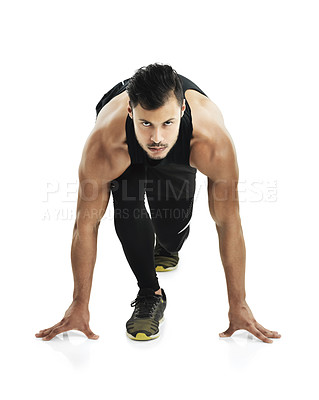 Buy stock photo Portrait, runner and man with fitness, ready and exercise for wellness on white studio background. Face, person and athlete with cardio, healthy guy and sports with training, practice and balance