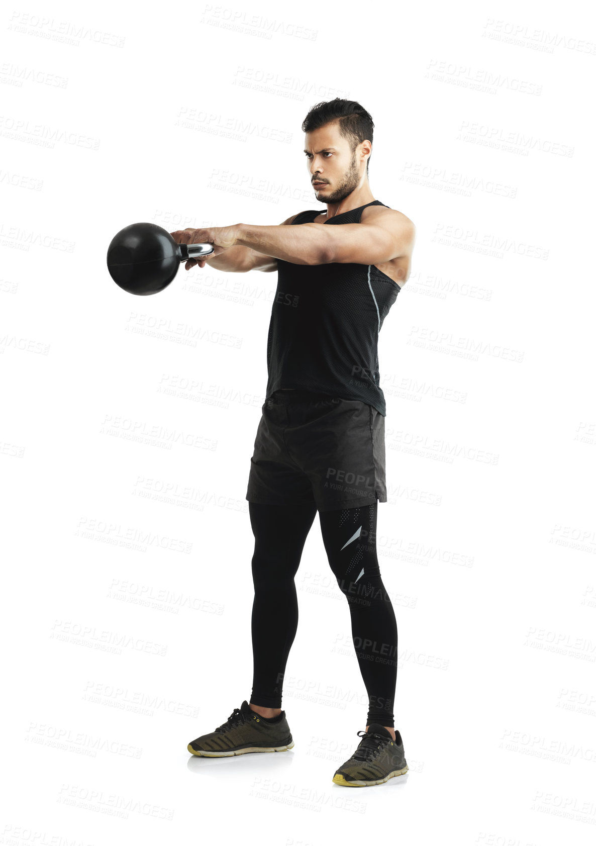 Buy stock photo Fitness, man and kettlebell for bodybuilding in studio with workout, training and exercise for strong muscle. Athlete, male person and weightlifting with body power for health on white background