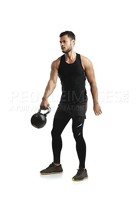 Buy stock photo Man, fitness and kettlebell for bodybuilding in studio with workout, training and exercise for strong muscle. Athlete, male person and weightlifting with body power for health on white background