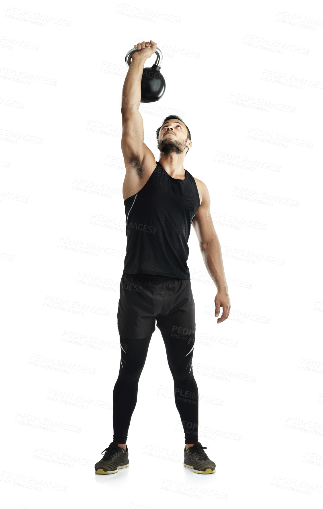Buy stock photo Strength, exercise and man with kettlebell in studio for muscle, workout and healthy body. Gym, equipment and person with balance in fitness for training, resilience and endurance on white background