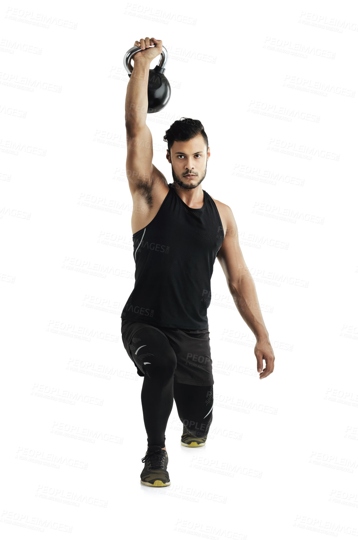 Buy stock photo Man, kettlebell and training in studio portrait with lunge, balance and strong by white background. Person, athlete or bodybuilder with workout, exercise and fitness for healthy muscle development
