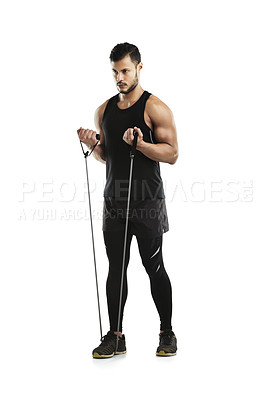 Buy stock photo Man, exercise and resistance band for workout, training and fitness in studio with strong muscle. Athlete, sports and tension strap for health, wellness and body as determination on white background