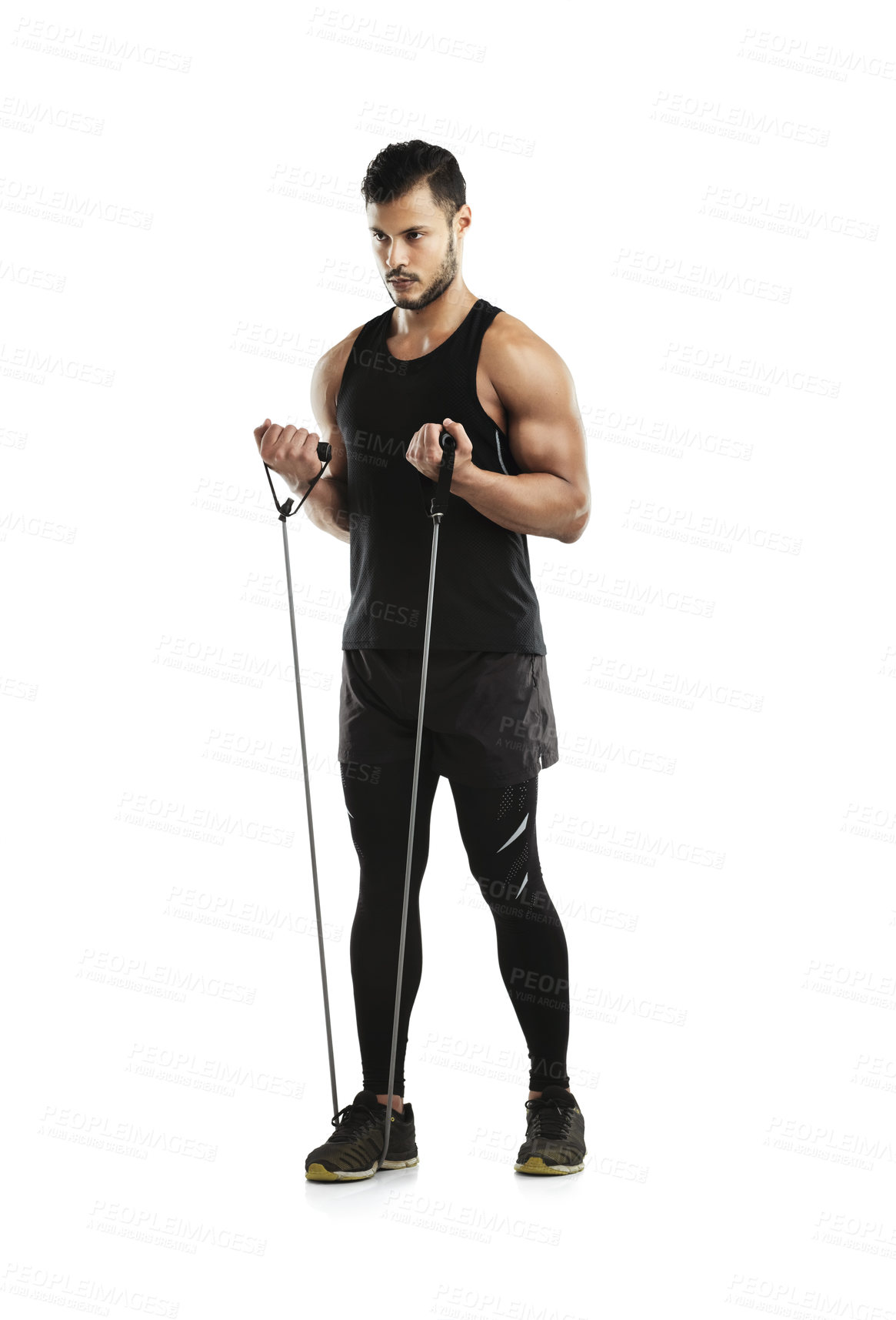 Buy stock photo Man, exercise and resistance band for workout, training and fitness in studio with strong muscle. Athlete, sports and tension strap for health, wellness and body as determination on white background