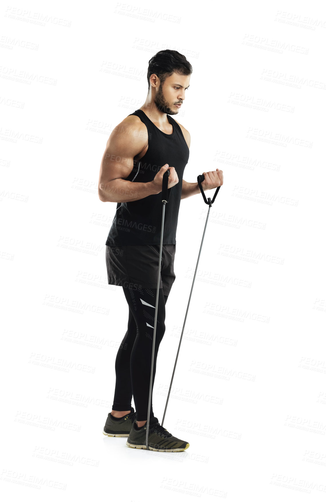 Buy stock photo Fitness, health and man with resistance bands for strength training and muscle endurance isolated in studio. Serious, male person and athlete stretching with equipment for rehabilitation and recovery