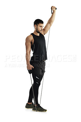 Buy stock photo Man, studio and workout with resistance band for training or wellness, fitness and exercise for bodybuilder. Male athlete, strong body and elastic for muscle, white background with gym in New Zealand