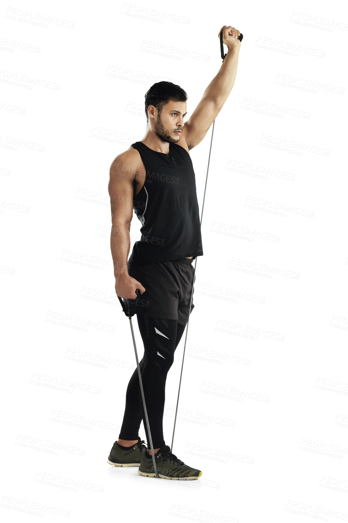 Buy stock photo Man, studio and workout with resistance band for training or wellness, fitness and exercise for bodybuilder. Male athlete, strong body and elastic for muscle, white background with gym in New Zealand