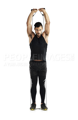 Buy stock photo Man, white background and workout with resistance band for training or wellness, fitness and exercise for bodybuilder. Male athlete, strong body or crossfit for muscle, studio with gym in New Zealand