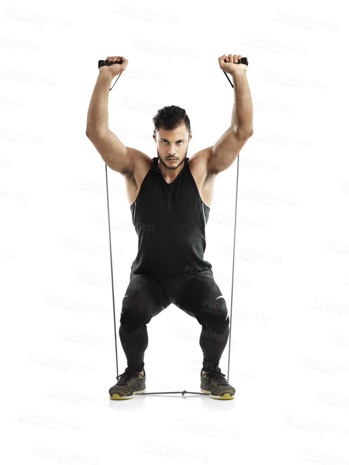 Buy stock photo Man, studio and exercise with resistance band for training or wellness, workout and fitness for bodybuilder. Male athlete, strong body and elastic for bicep, white background with gym in New Zealand