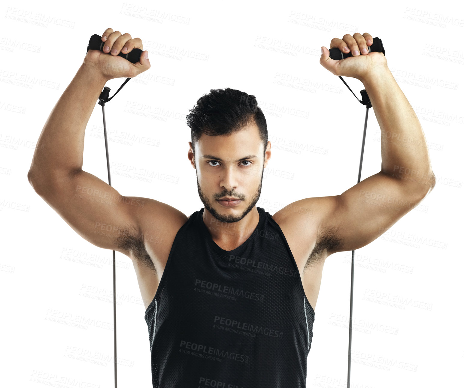 Buy stock photo Fitness, health and man with resistance bands for rehabilitation and muscle endurance isolated in studio. Serious, male person and bodybuilder stretching with equipment for competition recovery