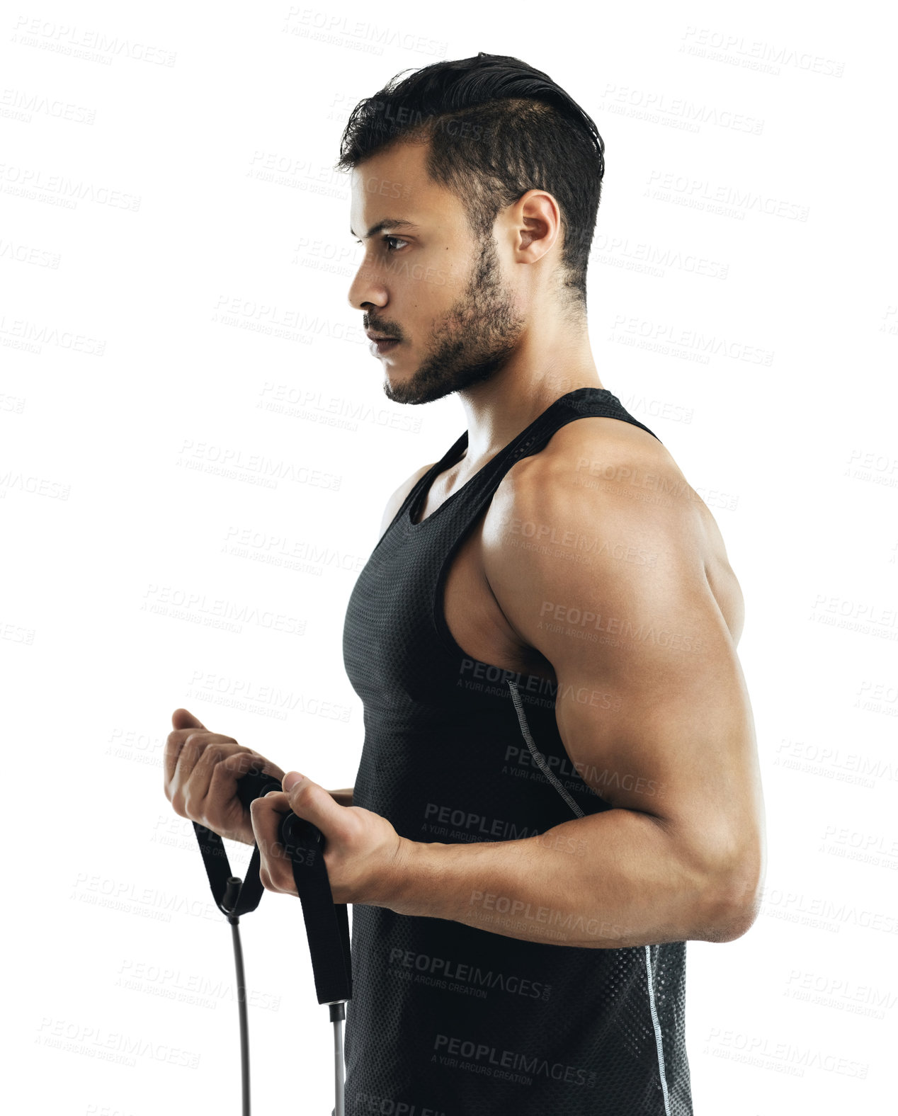 Buy stock photo Fitness, man or athlete with resistance band in studio background for strength training, workout and exercise. Healthy, male person and gym equipment for activity and wellness isolated white backdrop