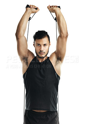 Buy stock photo Portrait, man and resistance band for fitness, stretching or body health wellness isolated on white studio background. Power, sport or strong bodybuilder with elastic for muscle, training or exercise