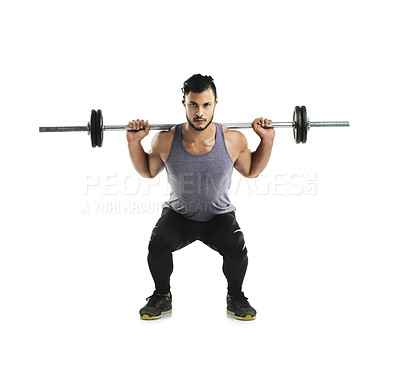 Buy stock photo Man, squat and barbell in studio portrait with balance, training and exercise by white background. Person, bodybuilder and weightlifting with equipment in gym for strong legs, health or muscle growth