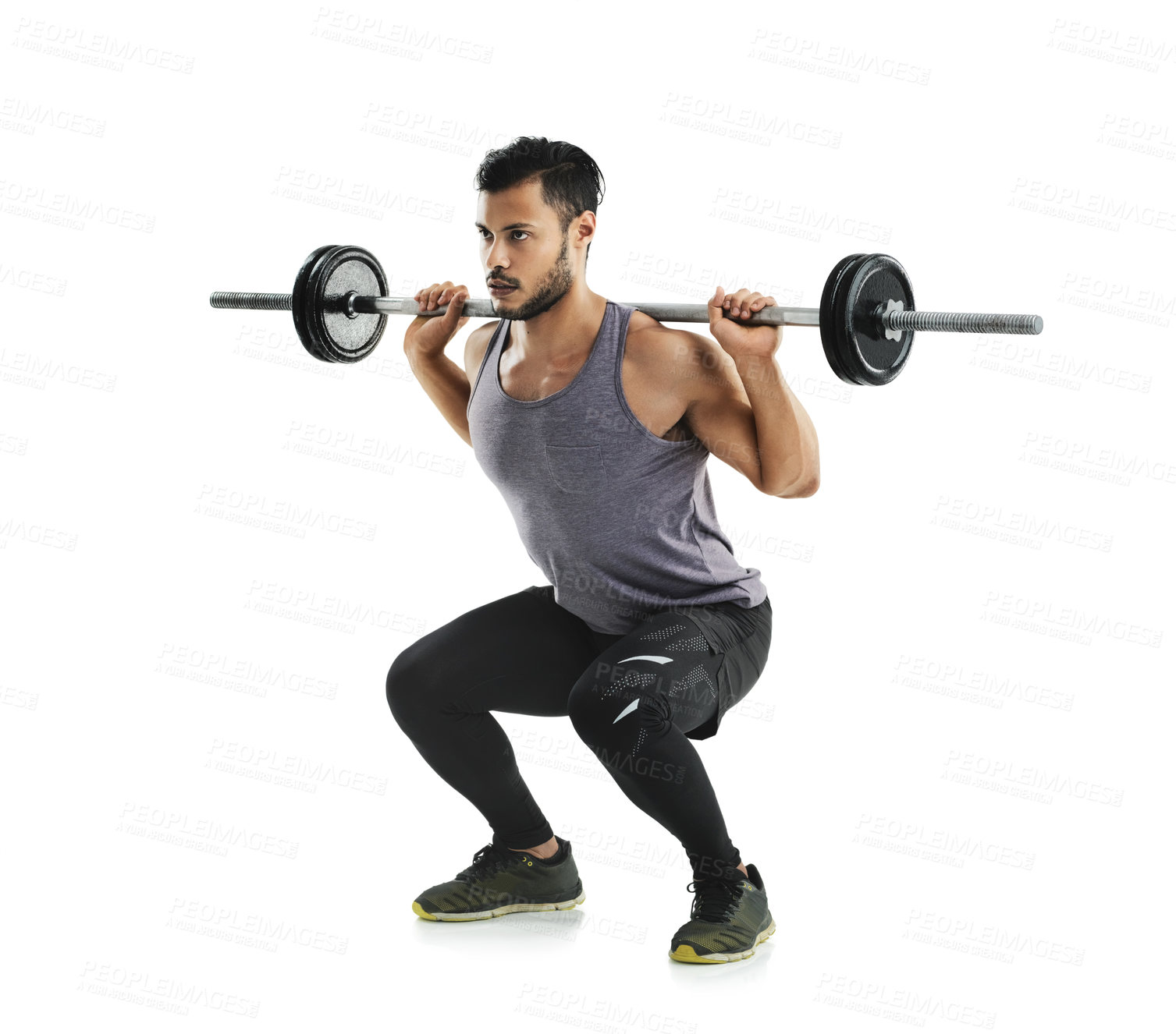 Buy stock photo Man, squat and barbell in studio for exercise, balance and training with idea by white background. Person, bodybuilder and weightlifting with equipment in gym for strong legs, health or muscle growth