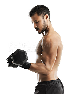 Buy stock photo Fitness, dumbbell and man in studio for exercise with arm strength for muscle training. Sports, athlete and male body builder with workout equipment for weightlifting isolated by white background.