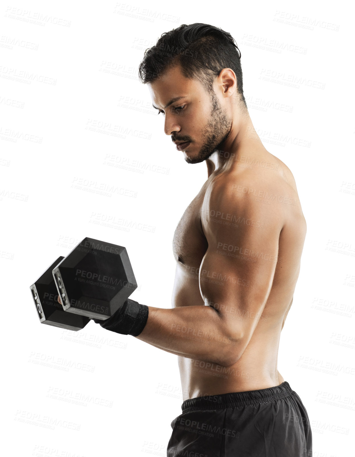 Buy stock photo Fitness, dumbbell and man in studio for exercise with arm strength for muscle training. Sports, athlete and male body builder with workout equipment for weightlifting isolated by white background.