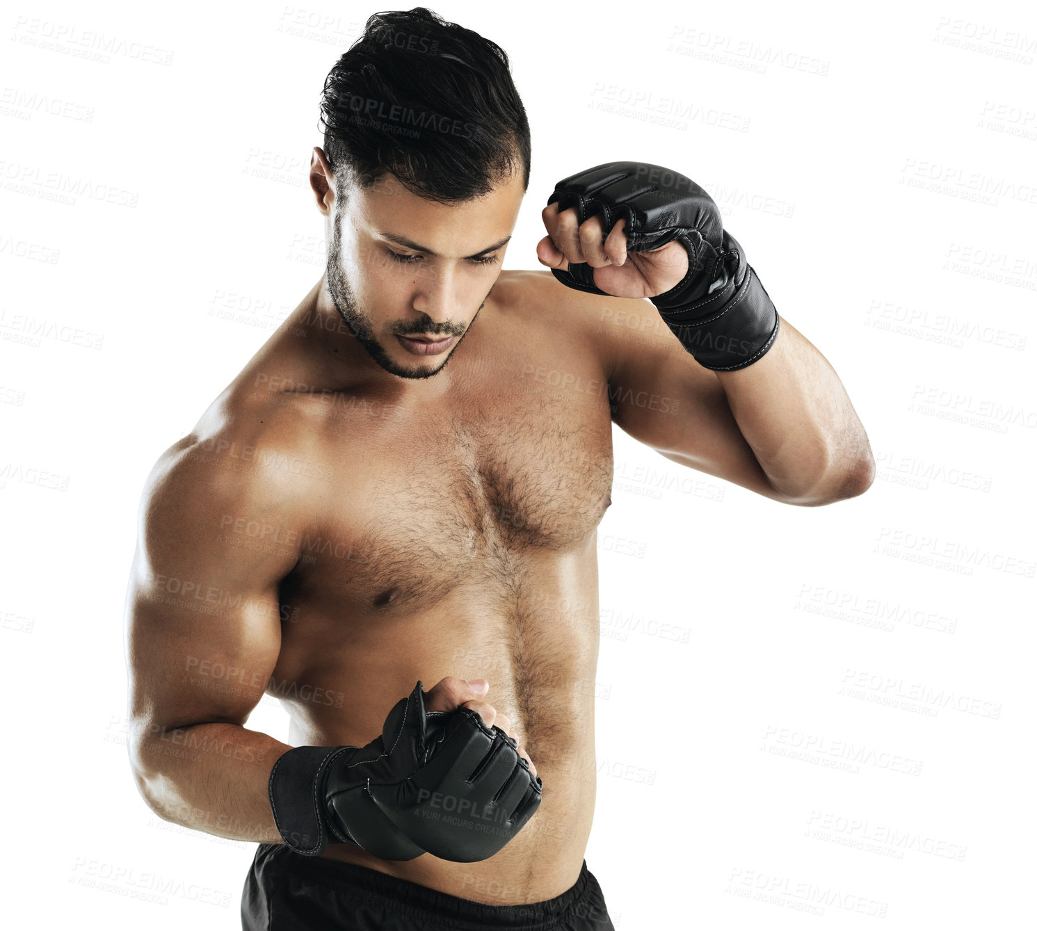 Buy stock photo Man, martial arts and gloves in studio for exercise, fitness or combat challenge by white background. Person, athlete and mma fighter in workout, training and action for contact sports in competition