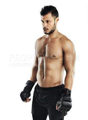 Buy stock photo Man, studio and gloves for health, fitness and prepare for workout or fight training. Athlete, body or muscle for power, exercise and sport for boxing cardio and wellness isolated on white background