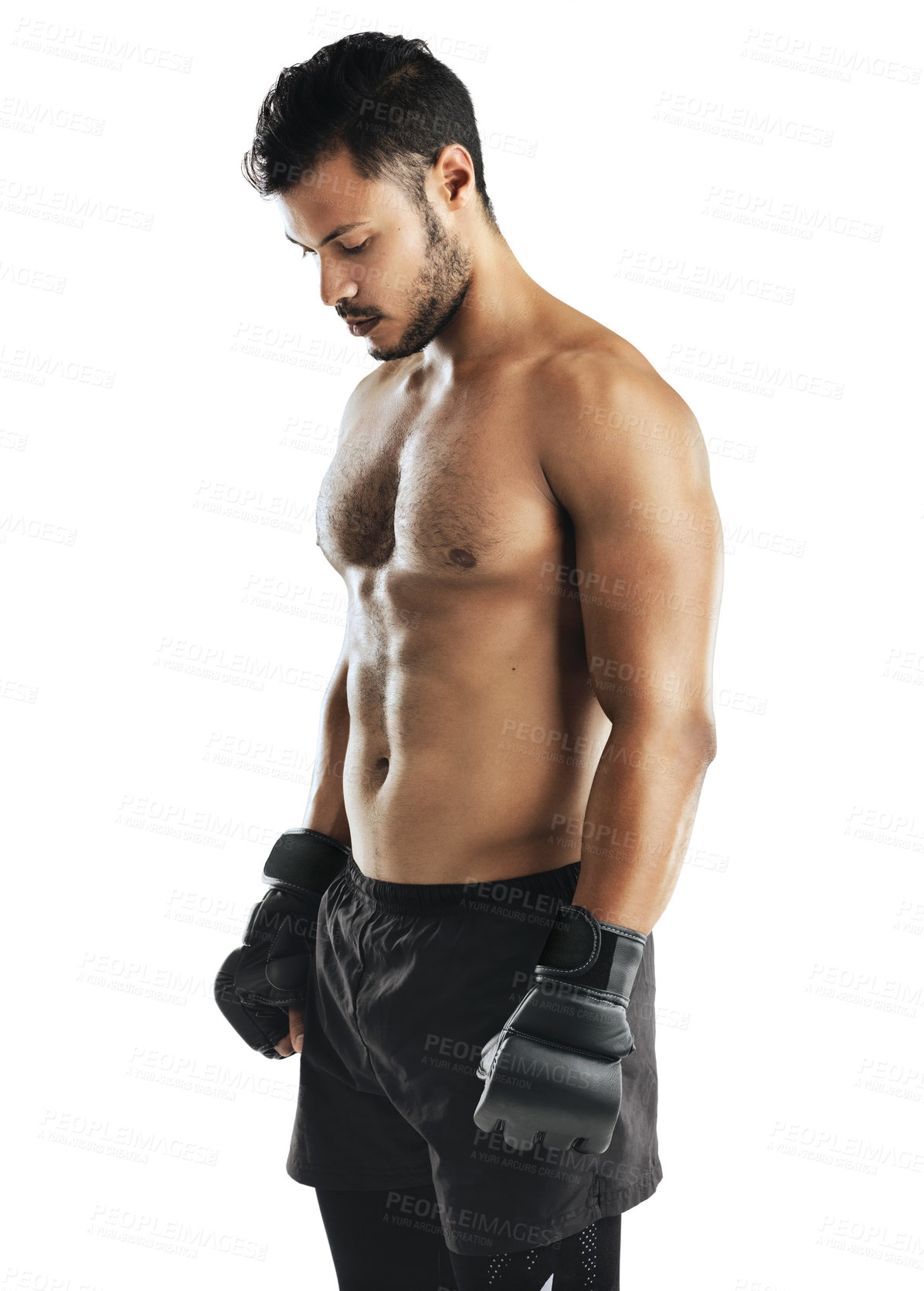 Buy stock photo Man, boxing and MMA training for sports healthy person in white background for gym, exercise and thinking. Kickboxing, model with gloves and fitness for fight, athlete and thoughtful in studio