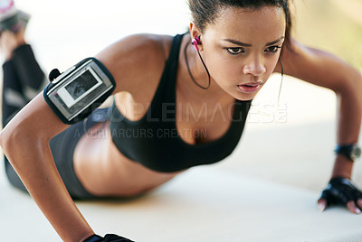 Buy stock photo Sports, push up and woman athlete outdoor for health, body and strength arm workout with music. Fitness, earphones and female person with exercise for muscle training with podcast at park in nature.