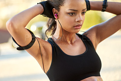 Buy stock photo Fitness, outdoor and woman with earphones for sit up exercise for health, wellness and body training. Sports, nature and female athlete listening to music, radio or podcast for abdomen workout.