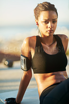 Buy stock photo Workout, portrait and woman at sunrise with music or podcast for fitness, health and relax in nature. Earphones, sports and female athlete in park for exercise, wellbeing and training in summer