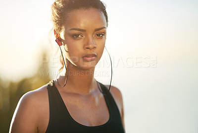 Buy stock photo Portrait, woman and streaming music on run for wellness, health and lifestyle on break in Brazil. Athlete, outdoors and training in sportswear for cardio, workout and fitness for marathon in city