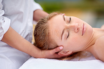 Buy stock photo Woman, relax and spa with head massage for comfort with stress relief or physical therapy. Calm, zen and resting with improved sleep, confidence boost and detox or purity with procedure for wellbeing