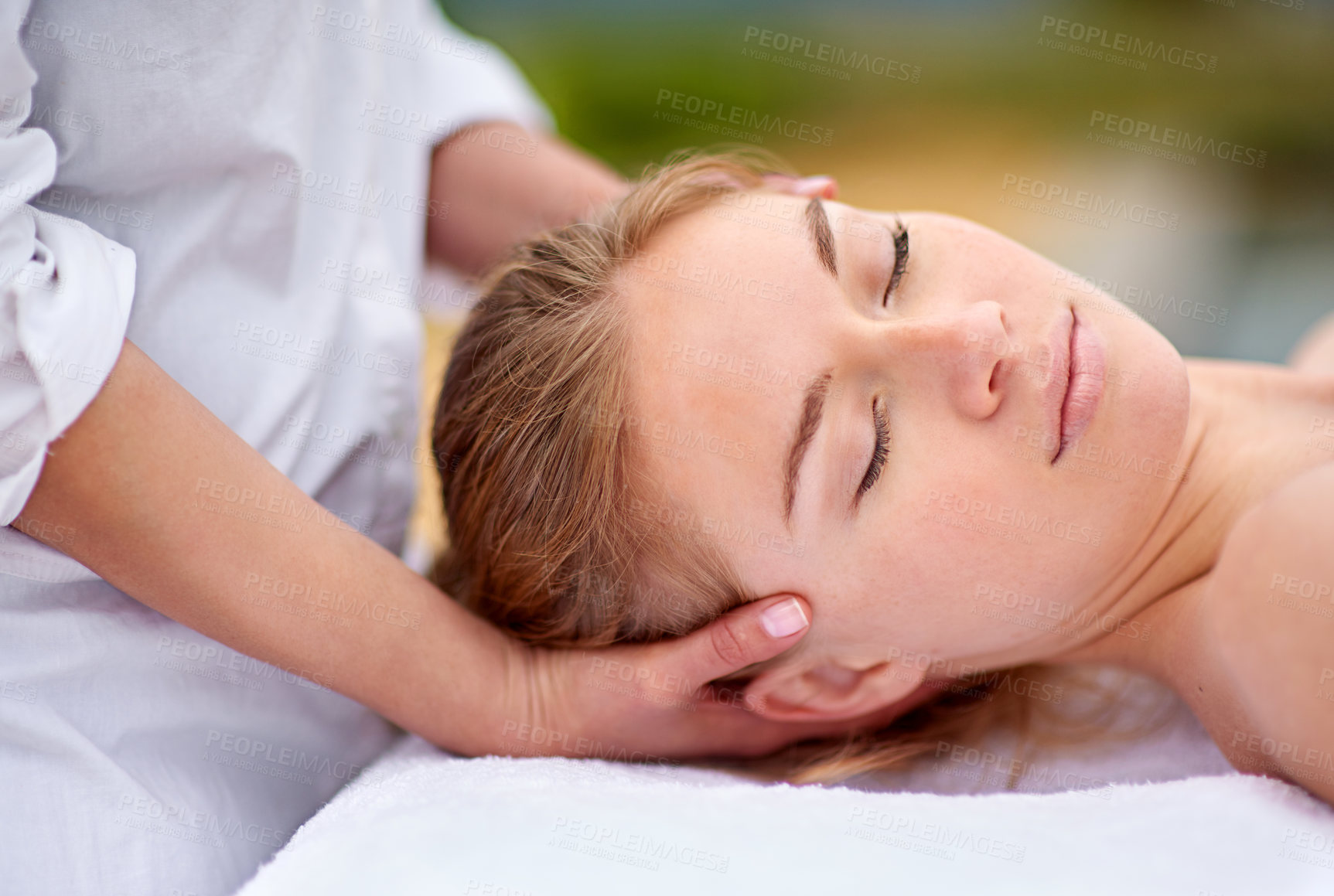 Buy stock photo Woman, relax and spa with head massage for comfort with stress relief or physical therapy. Calm, zen and resting with improved sleep, confidence boost and detox or purity with procedure for wellbeing