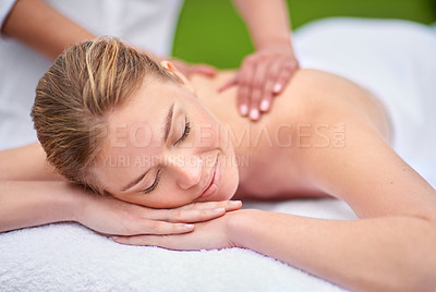 Buy stock photo Massage, woman and spa for health, wellness and relaxation in muscles, back and neck for self care. Female person, physical therapy and detox for body with smile, calm and happiness on holiday