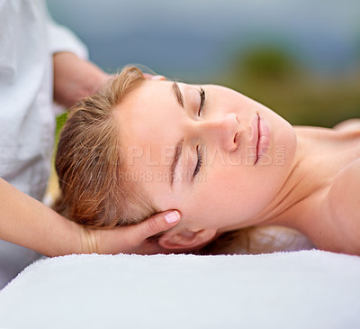 Buy stock photo Woman, spa and relax with head massage with stress relief for comfort with closeup or health. Zen, calm and resting with masseuse hands for wellbeing on holiday at sha wellness clinic Spain for bliss