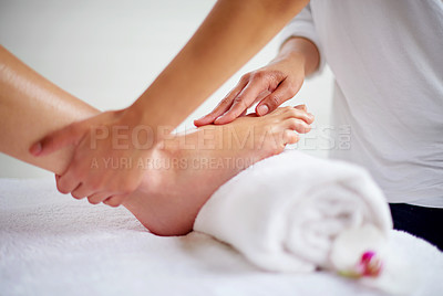 Buy stock photo Foot, hands and pressure massage with spa for treatment, beauty and skincare at luxury resort with wellness. Pedicure, cosmetics and people for physical therapy with healing for self care and relief