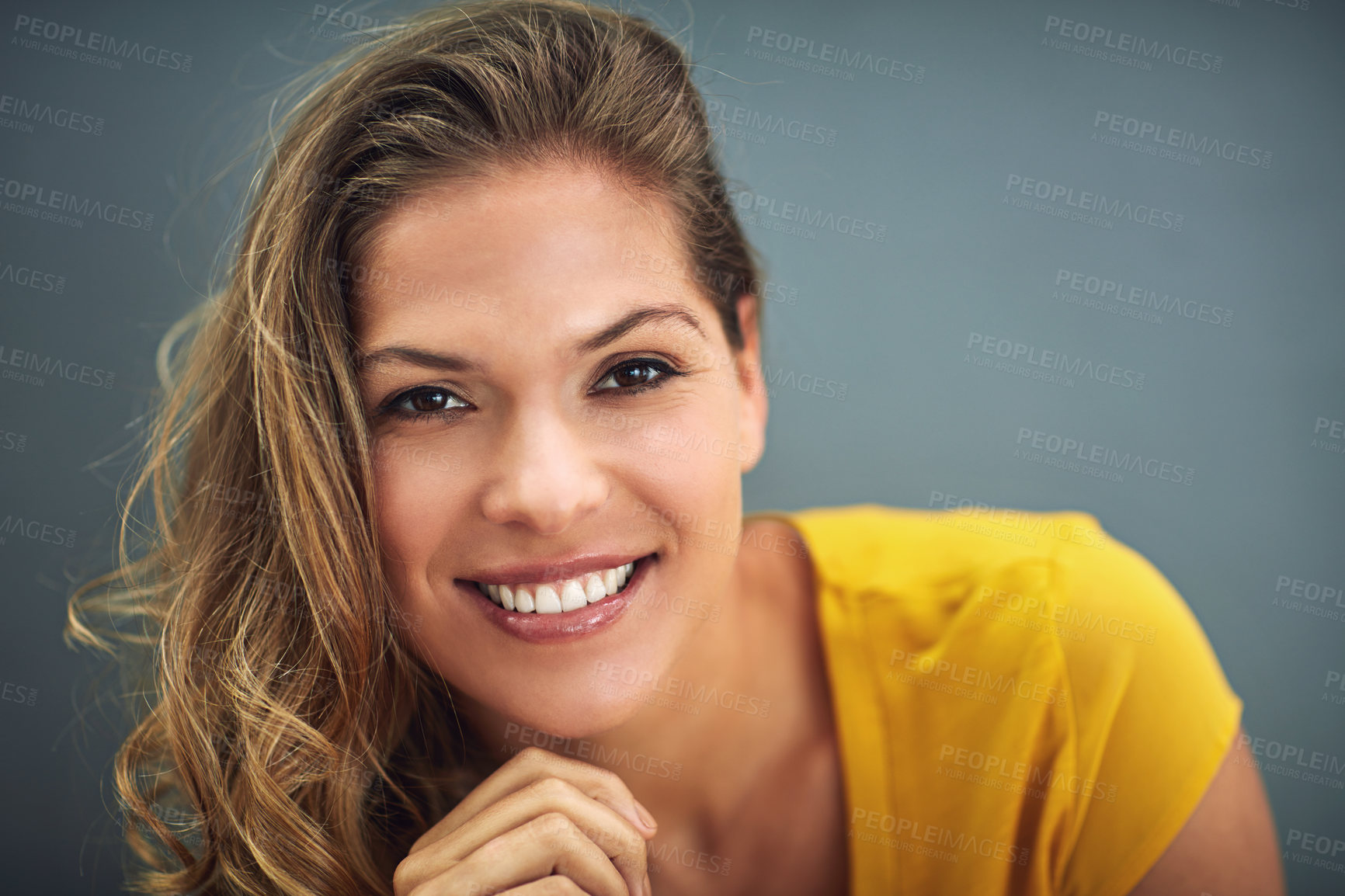 Buy stock photo Hair care, smile and portrait of woman in studio for shampoo shine, luxury salon or treatment. Female person, happy and face with pride for keratin growth, hairdresser or cosmetics on gray background