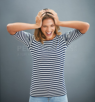 Buy stock photo Excited, winner and happy woman with success in studio, goal or achievement isolated on gray background. Celebration, smile and model with eyes closed for good news, lottery prize or bonus promotion