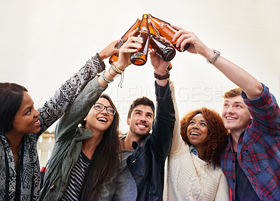 Buy stock photo Friends, beer and toast to celebrate outdoor, bonding with fun and people drink together at party, social event or gathering. Happy, cheers for success or achievement, support and trust with alcohol