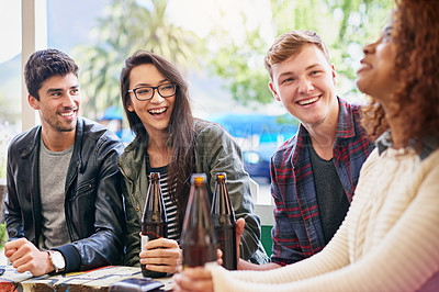 Buy stock photo People with alcohol, drinks and laughing in pub, restaurant outdoors and reunion on weekend. Friends, men and women  with social gathering together, celebration and beers with happiness or joy 