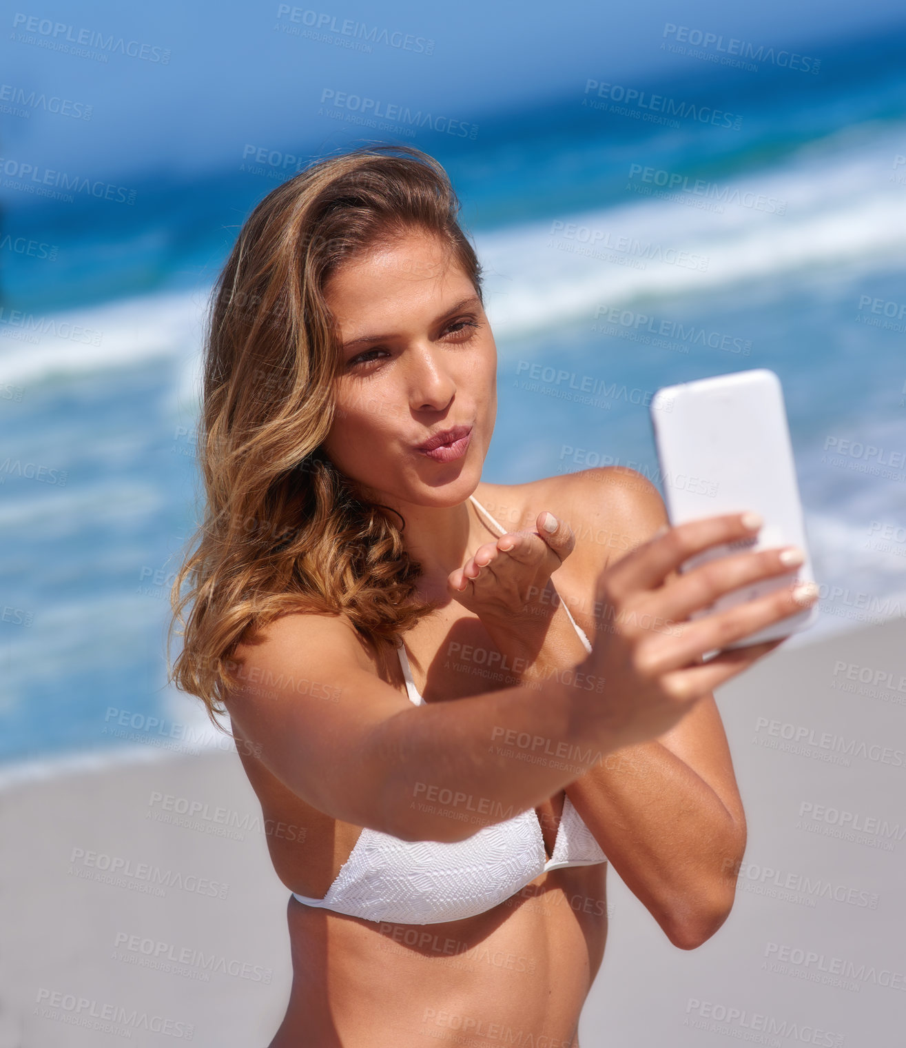 Buy stock photo Woman, bikini and beach on selfie with kiss blow as content creator or vlogger in Mauritius. Female person, influencer and smile for social media post at ocean in swimwear on holiday, break and rest