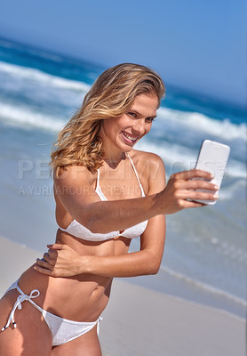 Buy stock photo Woman, bikini and smile at beach on selfie as content creator or vlogger in Mauritius. Female person, influencer and happy for social media post at ocean in swimwear on holiday, break and relax