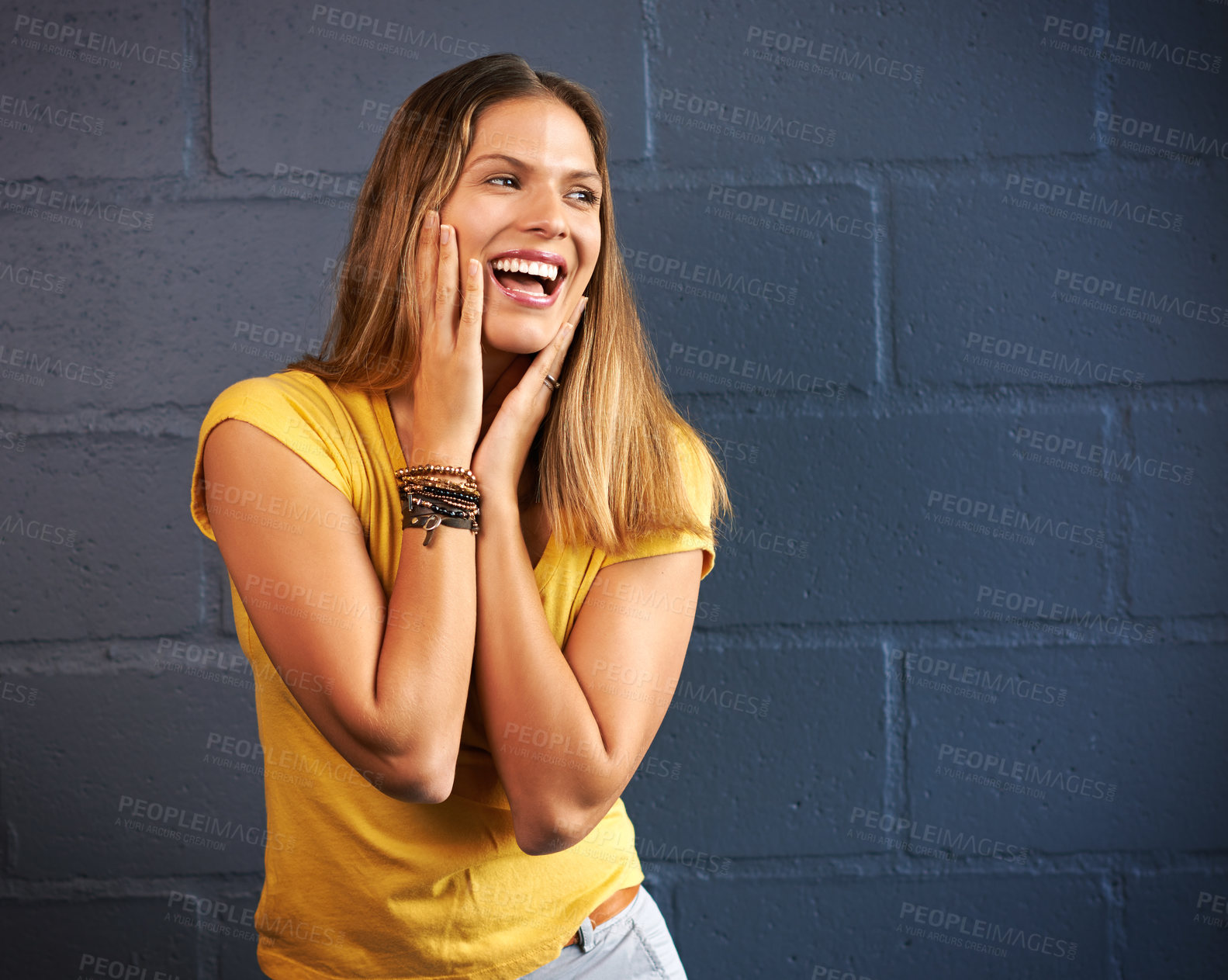 Buy stock photo Woman, smile and wow for surprise by brick wall with mockup, announcement and omg for secret. Female person, happy and shock for gossip with crazy story, space and mouth open by dark background