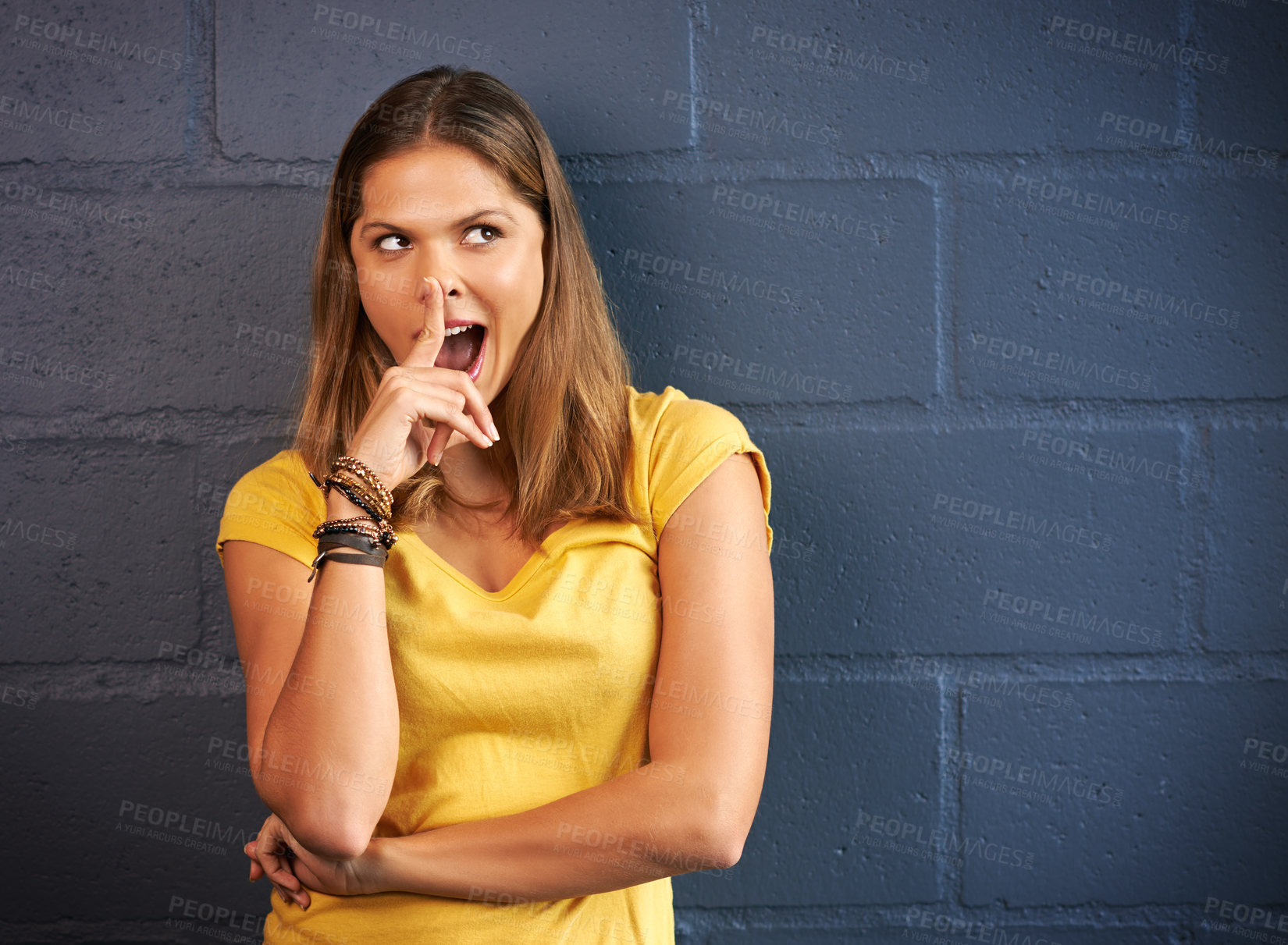 Buy stock photo Surprise, excited and woman by wall for wow, omg or amazed facial expression for good news. Gossip, shock and female person with reaction to announcement by gray brick background with mockup space.