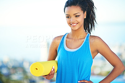 Buy stock photo Yoga, woman and mat for fitness in outdoor for training of peace or wellness with breathing exercises. Relax, confident and athlete as sport with balance or zen for spiritual health or self care